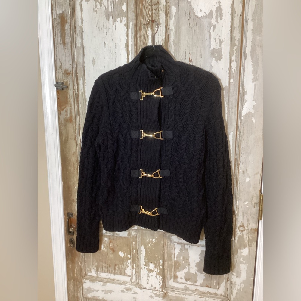 Ralph Lauren Black Cable Knit Cotton Buckle Fireman Cardigan - zip up - L Petite